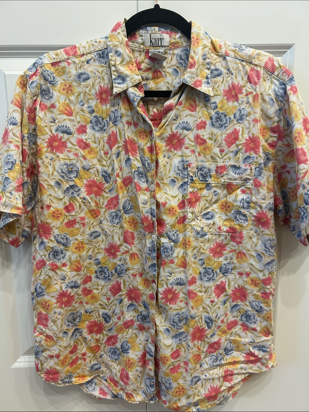 100% Cotton Floral Short-Sleeve Button-Down Shirt — Pink, Blue & Yellow Floral